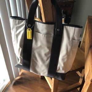 Coach Cream Canvas Shoulder Tote with Dark Brown Leather Trim and Yellow Tag